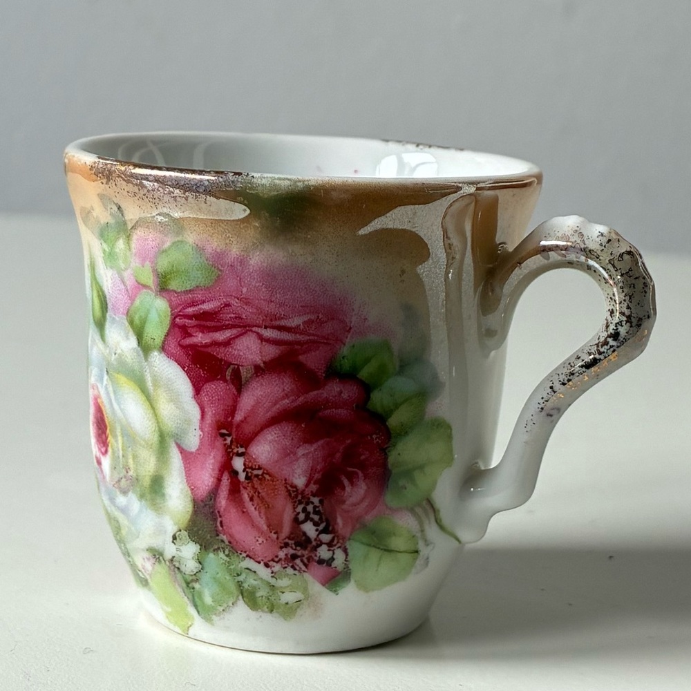 Antique German Floral Porcelain Demitasse Hot Chocolate/ Vintage Espresso Cup 2”